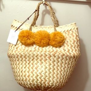 Woven Straw Small Tote with Pom-Pom Detail